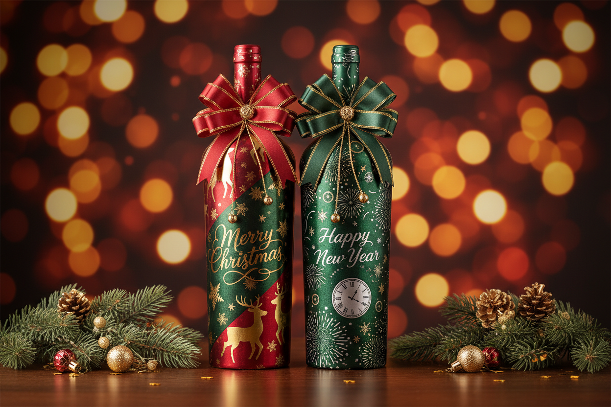 2 wine bottles wrapped with red and green colour paper to illustrate xmas and new year theme, background is festive celebration