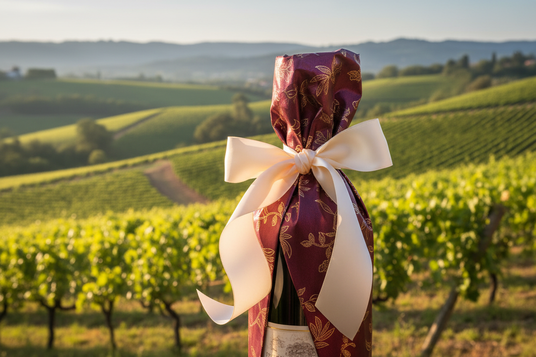a wine wrapped with gift paper and with a vineyard as the background
